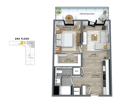 Floor plan for 1 bed, 1 bath, 692 sqft